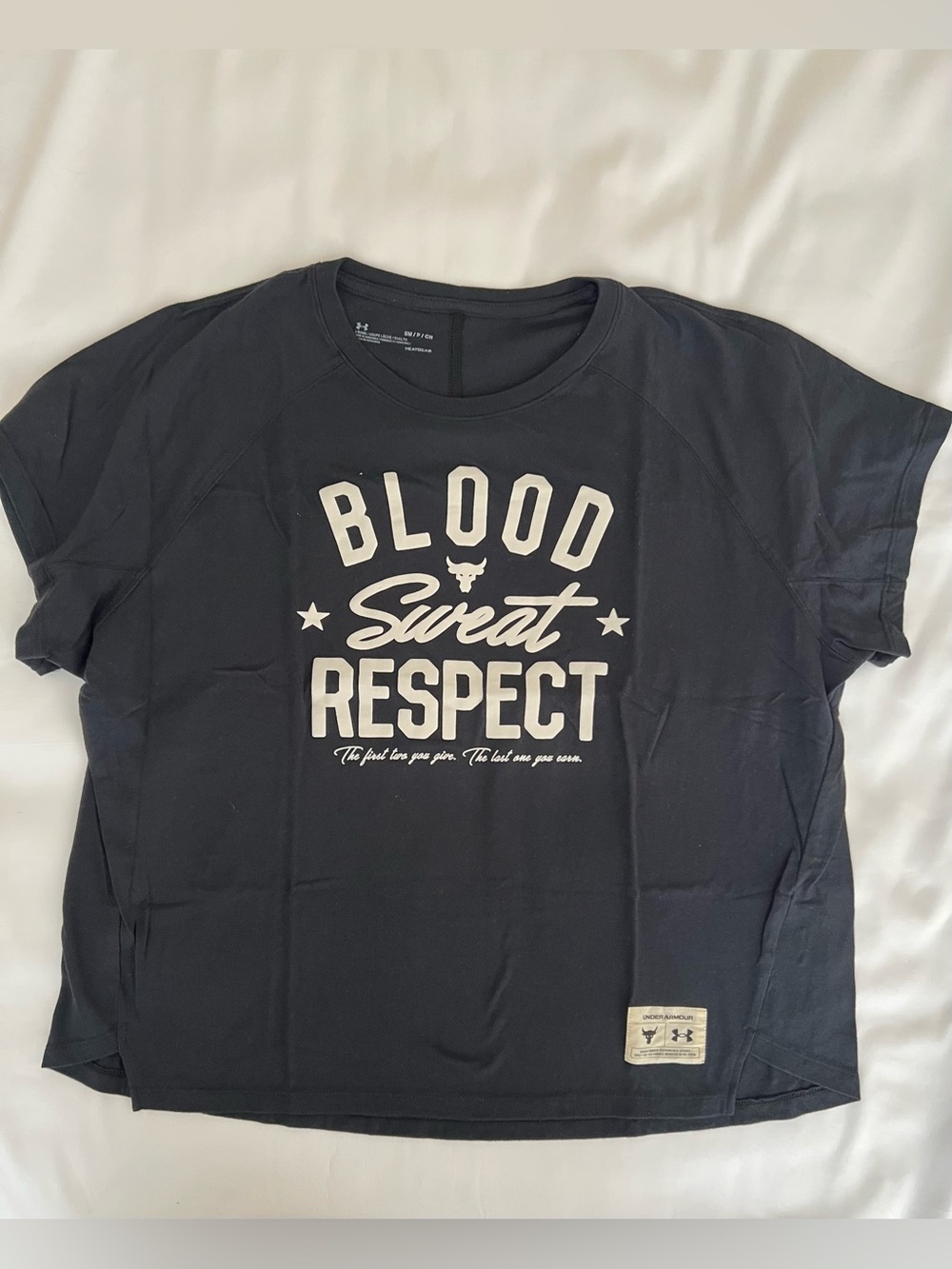 UA Project  Rock Collection Black Tee with White "Blood Sweat Respect" Print